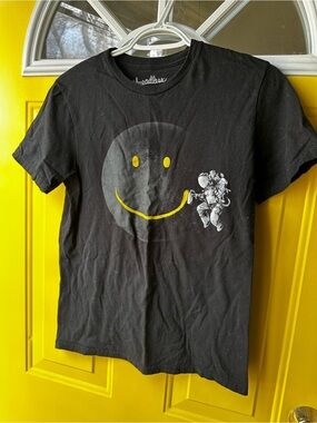 Threadless Black Tee with Yellow Smile and White Astronaut